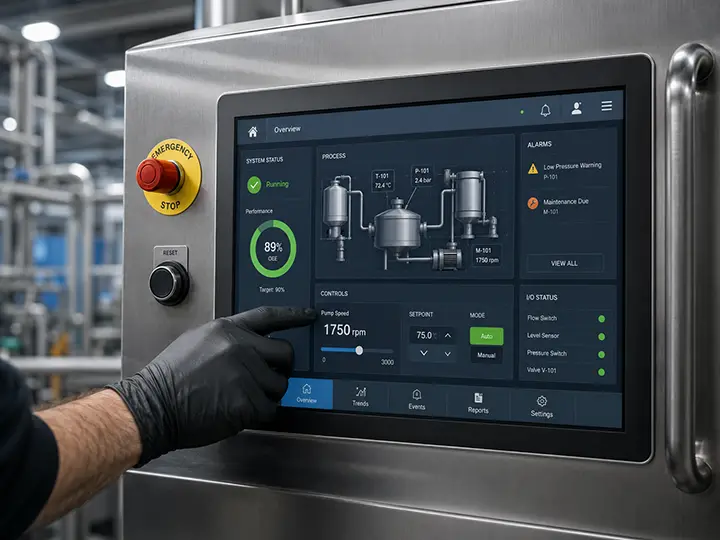 Opérateur utilisant l’interface tactile d’une machine industrielle